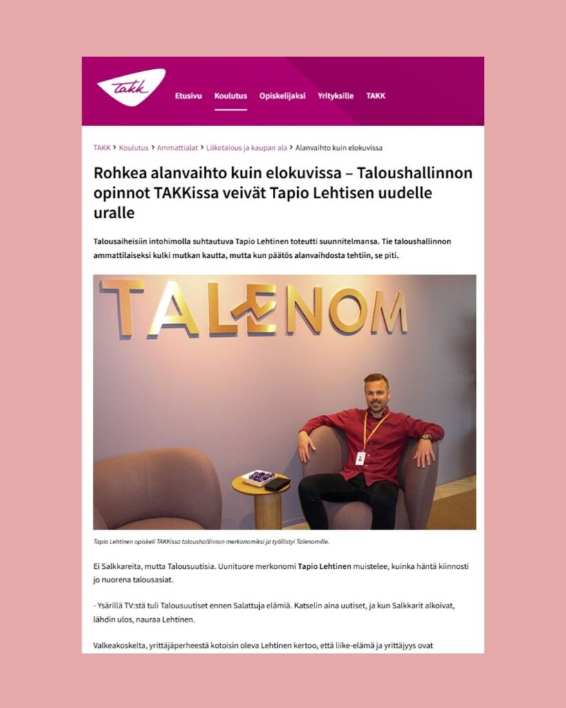 Vaaleanpunaisella pohjalla kuva nettisivuilla olevasta Creanoran artikkelista.